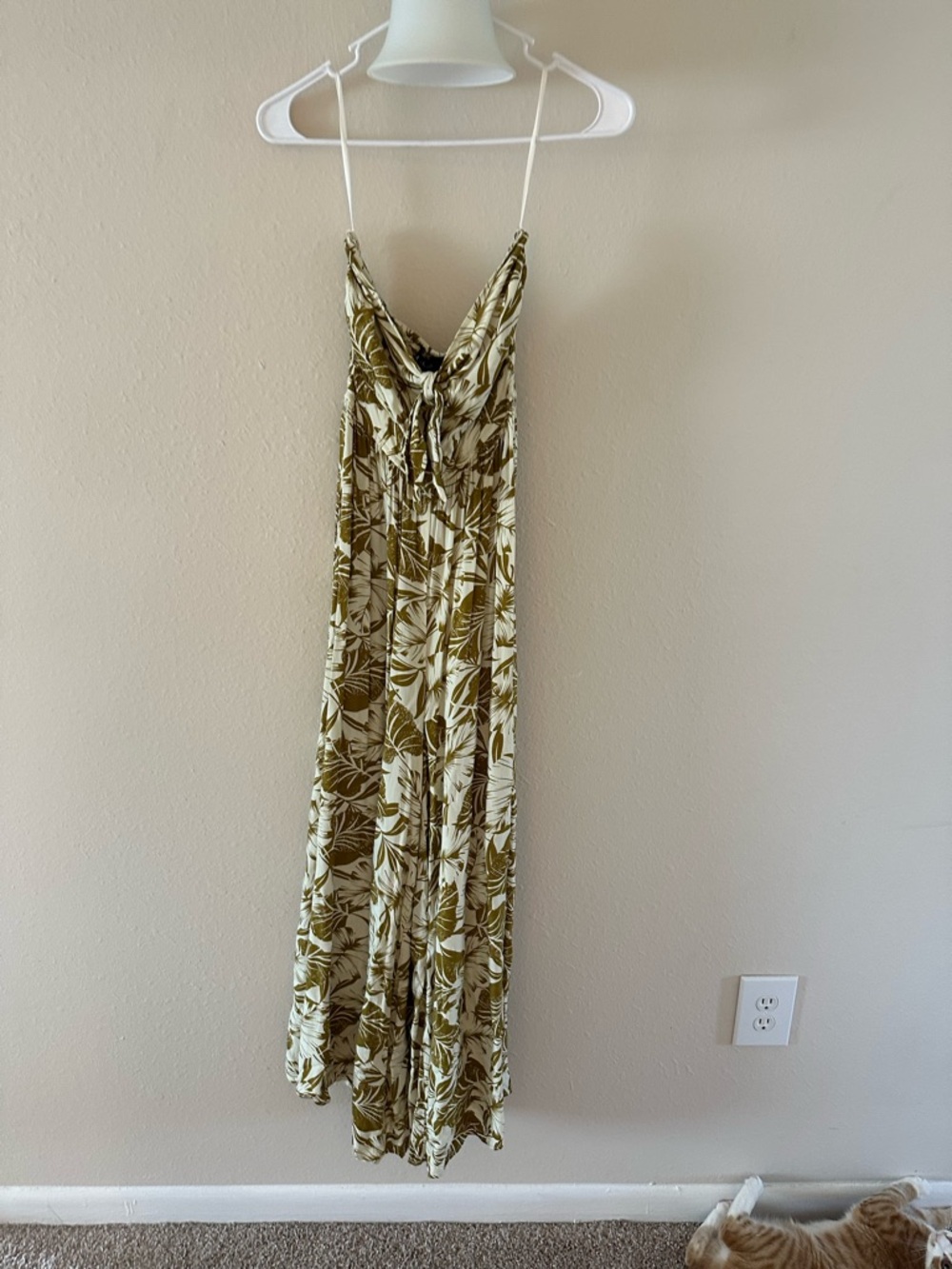 Aakaa Olive and Cream Tropical Leaf Maxi Dress